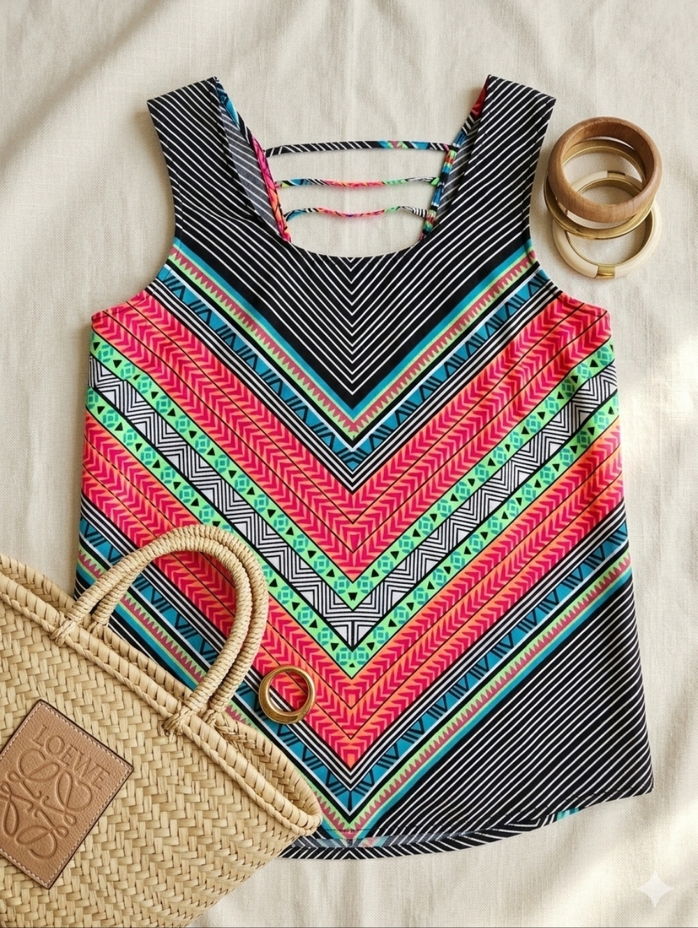 Warehouse One Size XL Neon Chevron Geometric Tribal Print Strappy Back Tank Top
